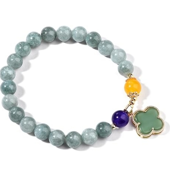 Four Leaf Clover Natural Green Jade Crystal Gold plated Bracelet new in box - Picture 2 of 4